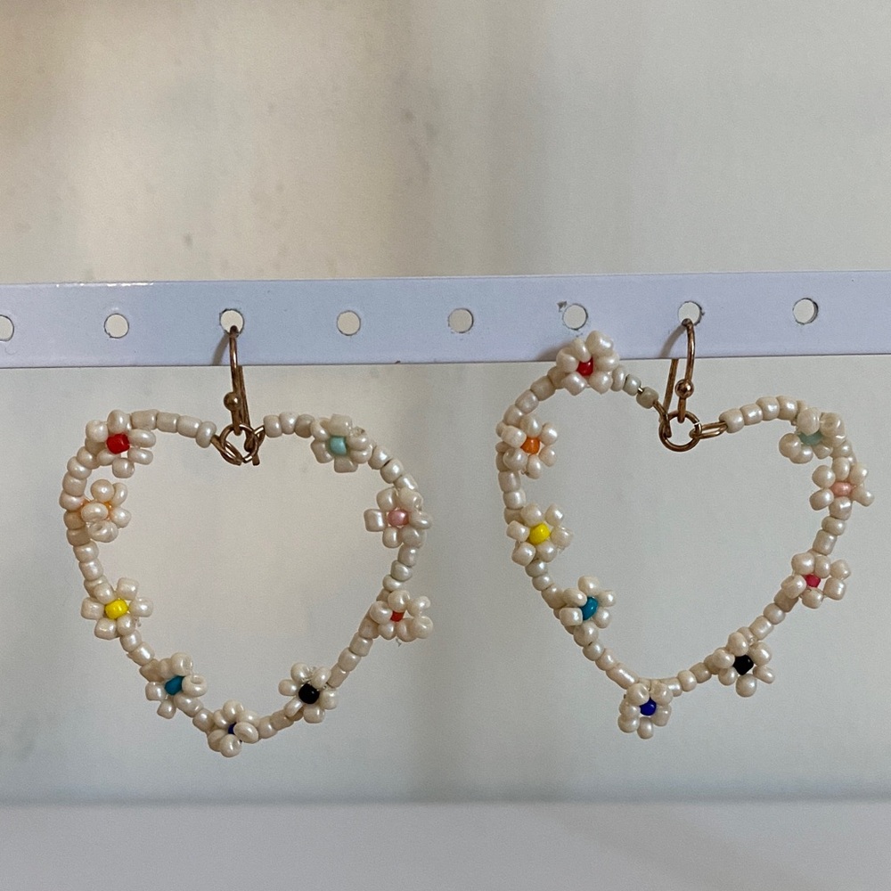 Colorful Beaded Heart Floral Earrings